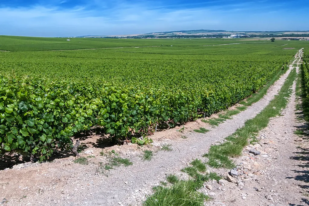 Hileras de parras verdes y un camino de tierra en un viñedo