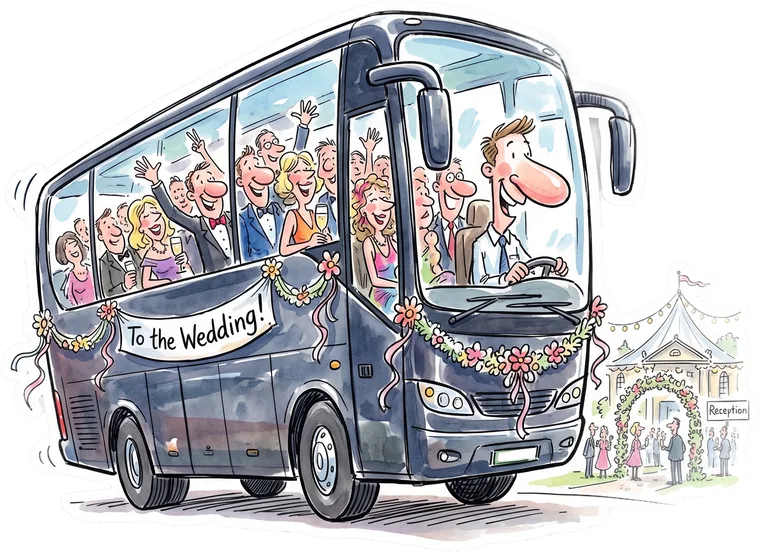 Ilustración de un bus con invitados camino a un evento